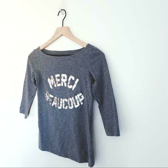 LOFT Women's XS Extra Small T-Shirt Gray Tee 3/4 Sleeve French Merci Beaucoup - Picture 5 of 5